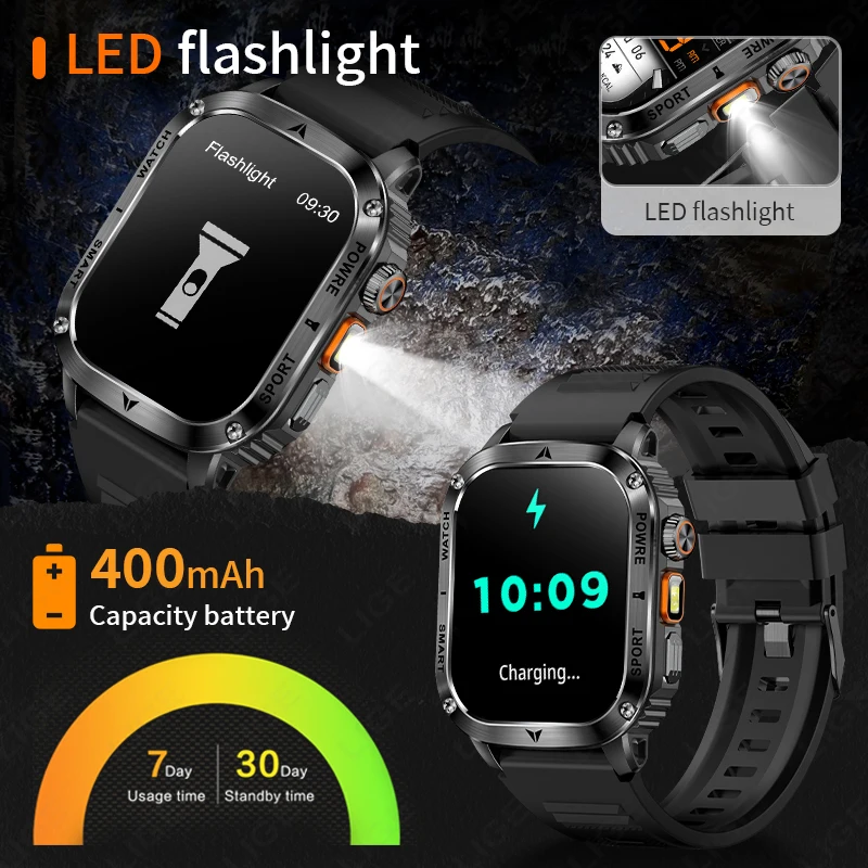 LIGE New For HUAWEI Military Smart Watch Men Flashlight IP68 Waterproof 400mAh Outdoor Sports Tracker Bluetooth Call Smartwatch