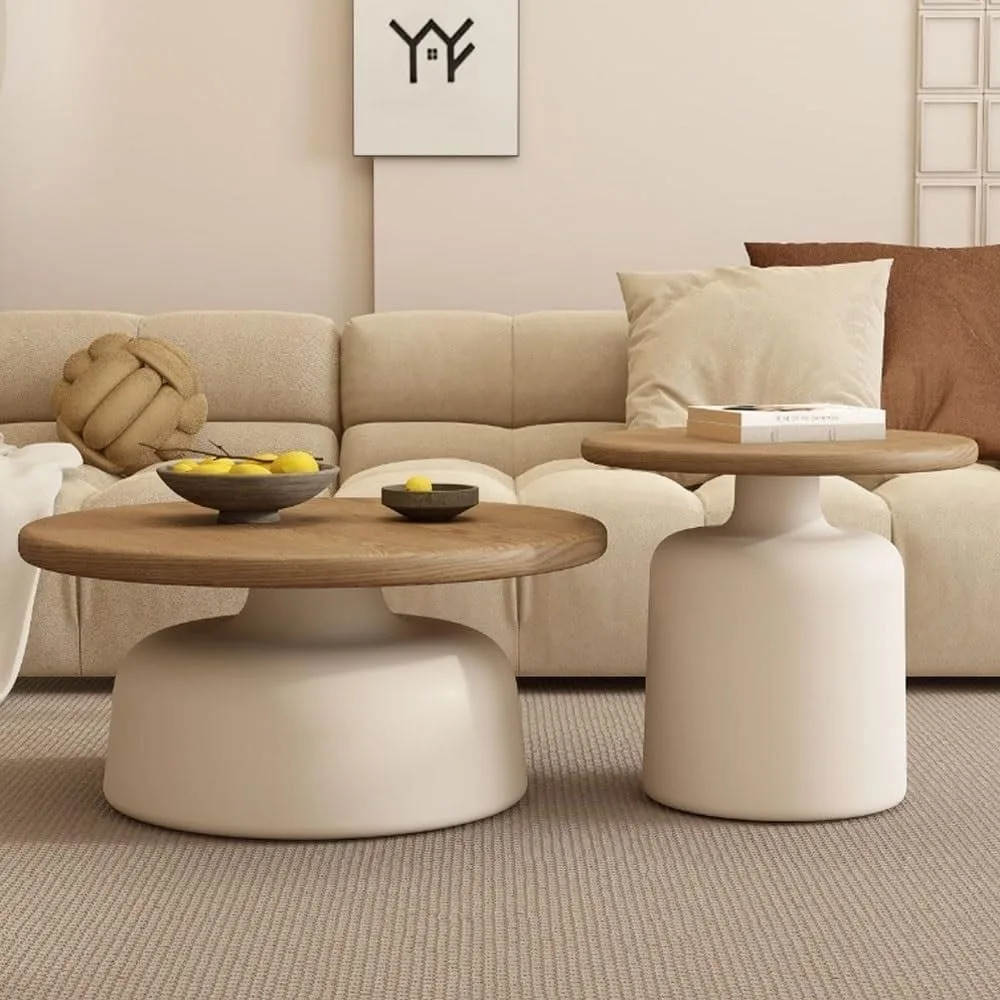 Cream Style Solid Wood Coffee Table, Living Room Home Small Apartment, Simple Tea Table, Round Coffee Table(B) 6