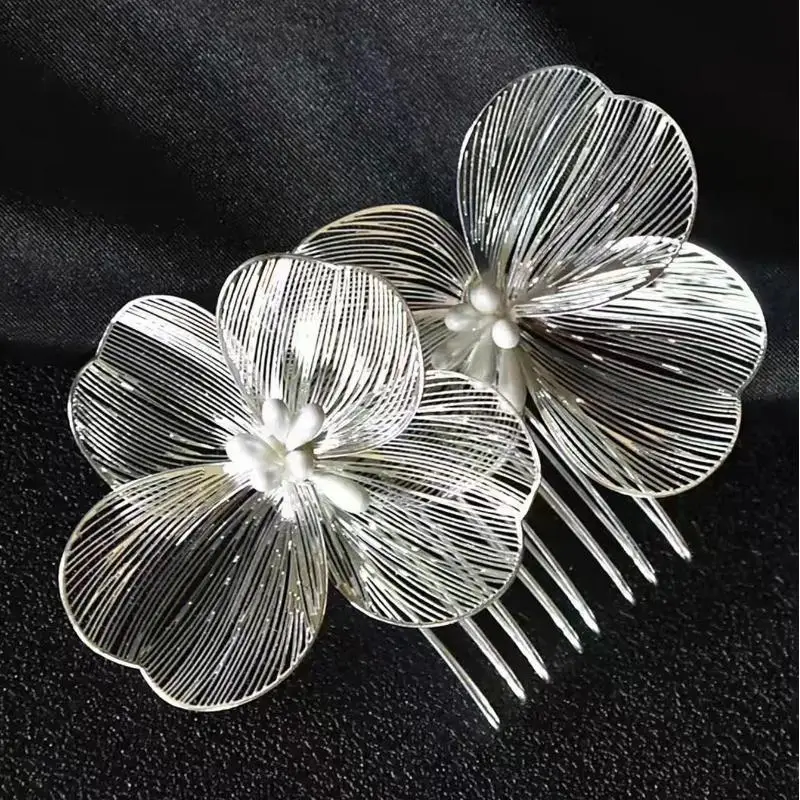 Hollow Out Alloy Silk Flower Hair Hairpin Bridal Headpiece Fashionable And Elegant Flower Hair Accessory Girls Jewelry Headpiece