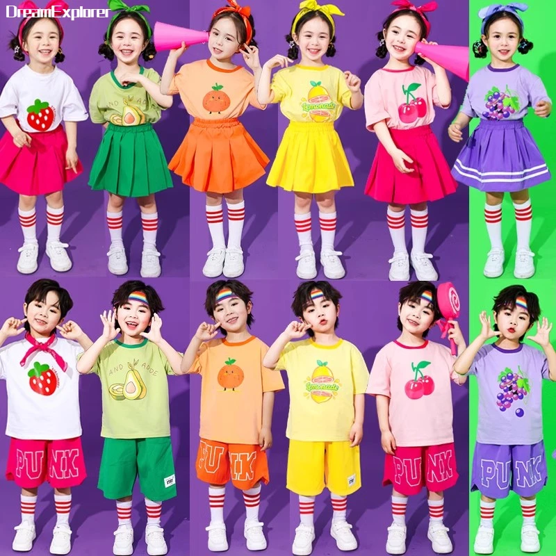 

Boys Summer Fruit Candy Colors T-shirt Shorts Girls Hip Hop Skirts Kids School Uniforms Child Kindergarten Students Clothes Sets