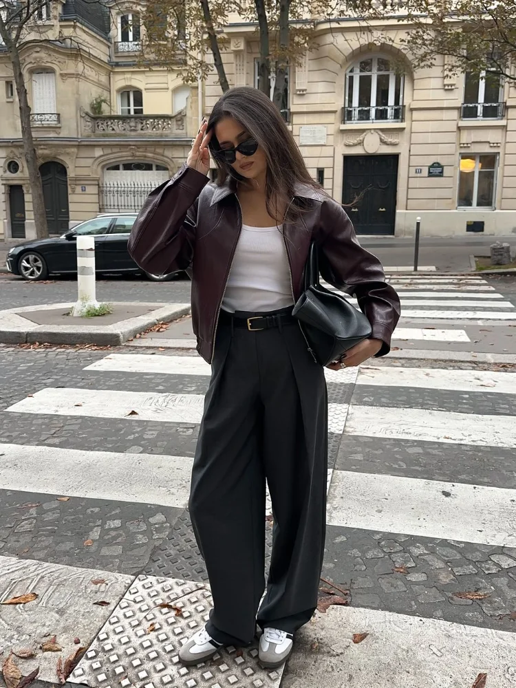 Vintage Solid Lapel Collar Zipper Women's Pu Leather Jacket Fashion Long Sleeve Pockets Short Loose Coat Autumn Winter Outerwear 6