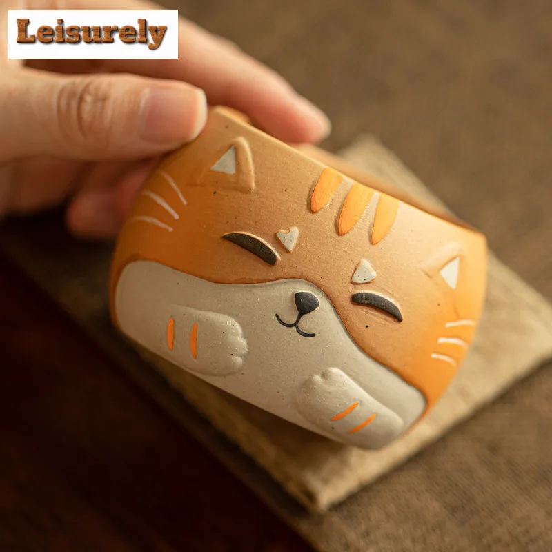 150ML Cartoon Hand-painted Wooden Fish Cat Teacup Luxury Tea Bowl Cup for Tea Fragrance Cup Jianzhan Master Cups Drinkware Craft