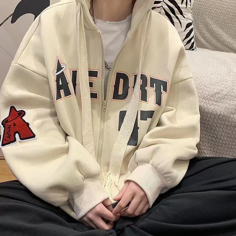 Vintage Letter Print Zip Up Hoodie Women Jacket sweatshirt Oversized Casual Teens Clothes Hip Hop Streetwear 2022 New Korean |