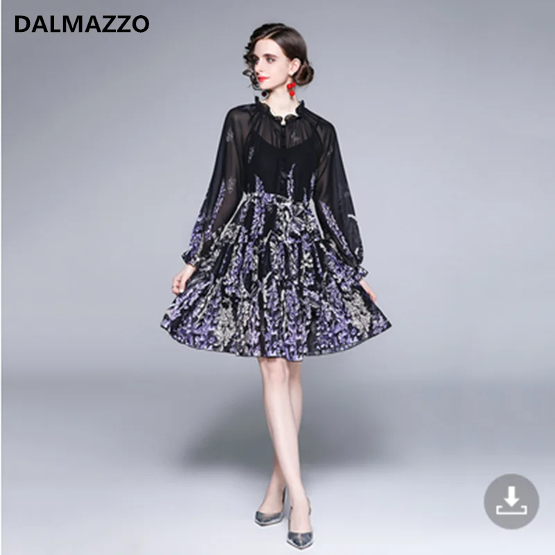 

Платье DALMAZZO женское до колен, однобортное повседневное, с сетчатым принтом, с подкладкой, воротником-стойкой и рукавами-фонариками, во французском стиле, черное