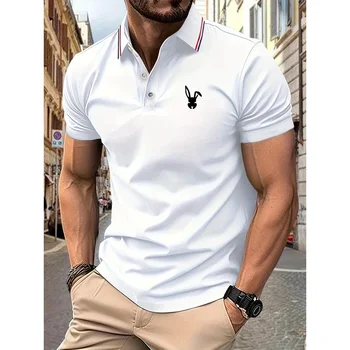 2025 New Men's Polo shirt with rabbit logo pattern printed summer lapel striped men's short-sleeved casual, breathable and light