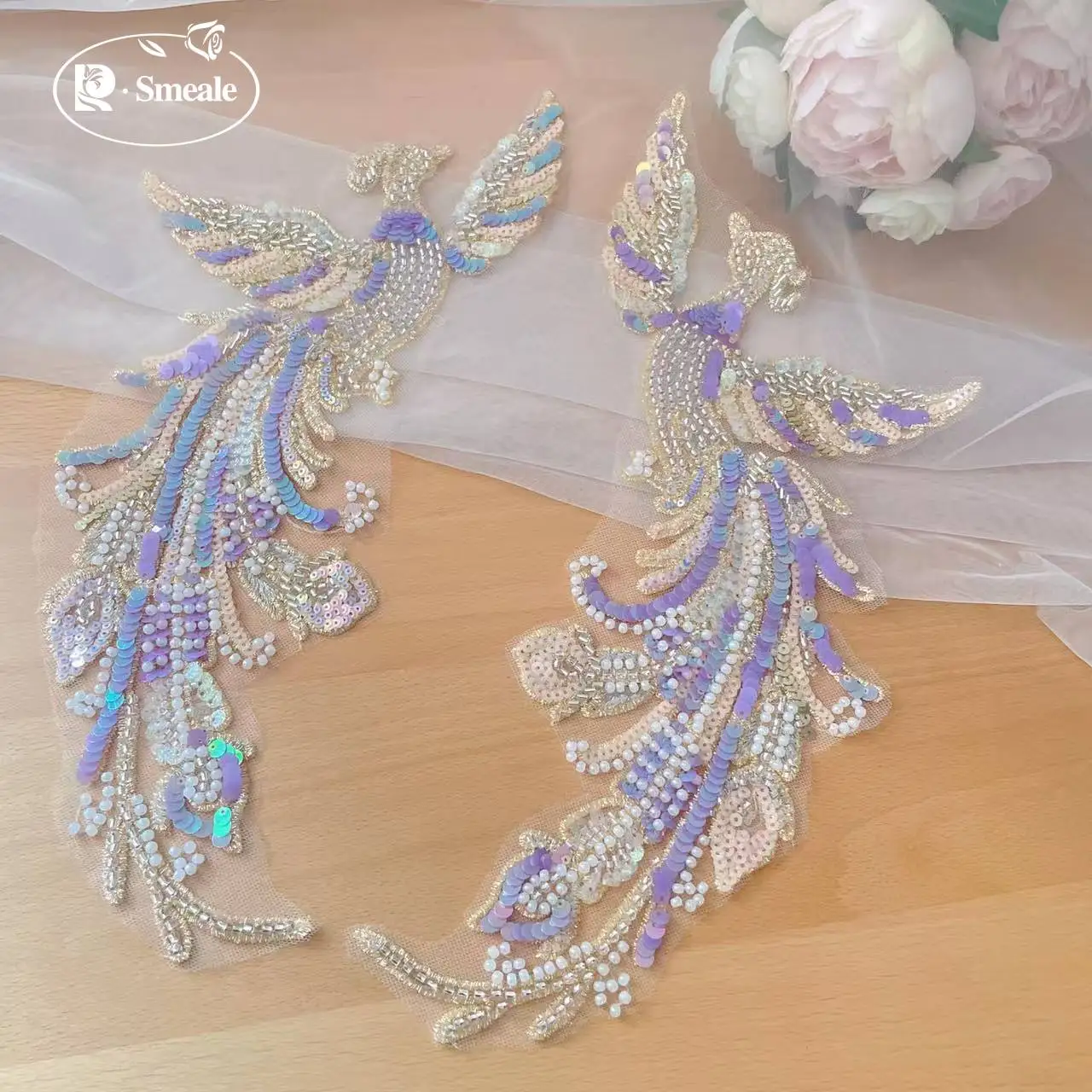 40*18CM.Beaded Sequins Mirror Phoenix 다채로운 보라색 아동 의류 장식, DIY 재봉 액세서리. 수제 보석
