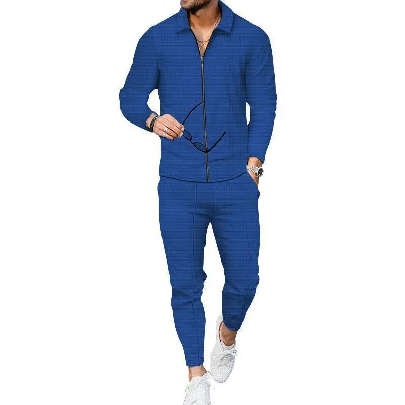 Waffle Casual Long Sleeved Pants Two-piece Men's Set