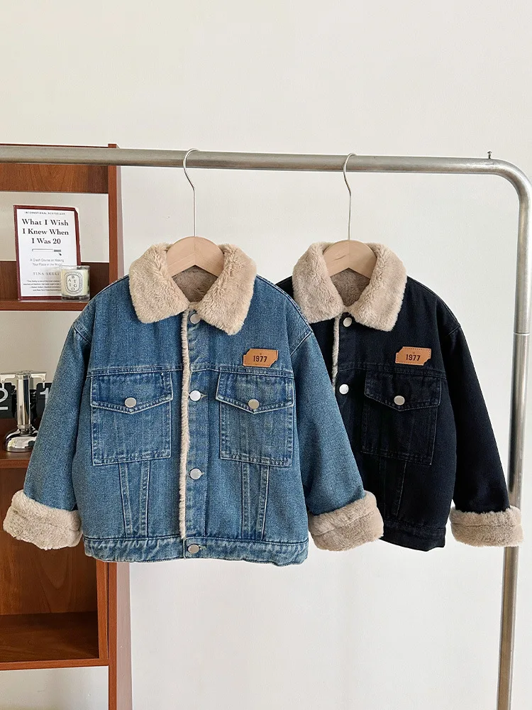 Thicken Warm Boys Denim Coat Turn-Down Collar Plush Jean