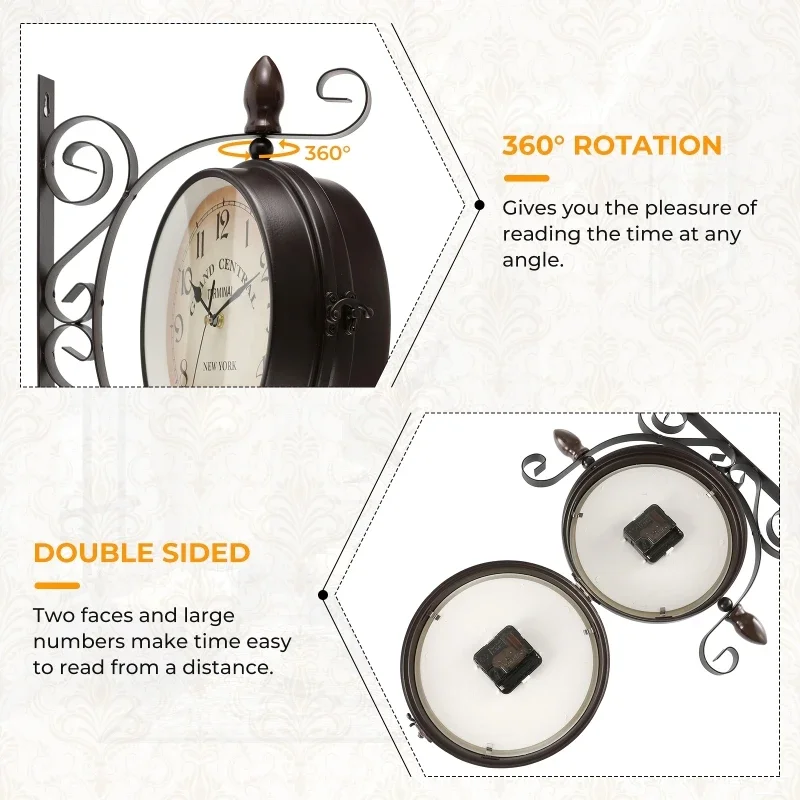 Antique-Look Wall Hanging Double Sided Clock Retro Station Clock Round Chandelier Scroll Wall Mount Home Decor Wall Clock 8 inch 5