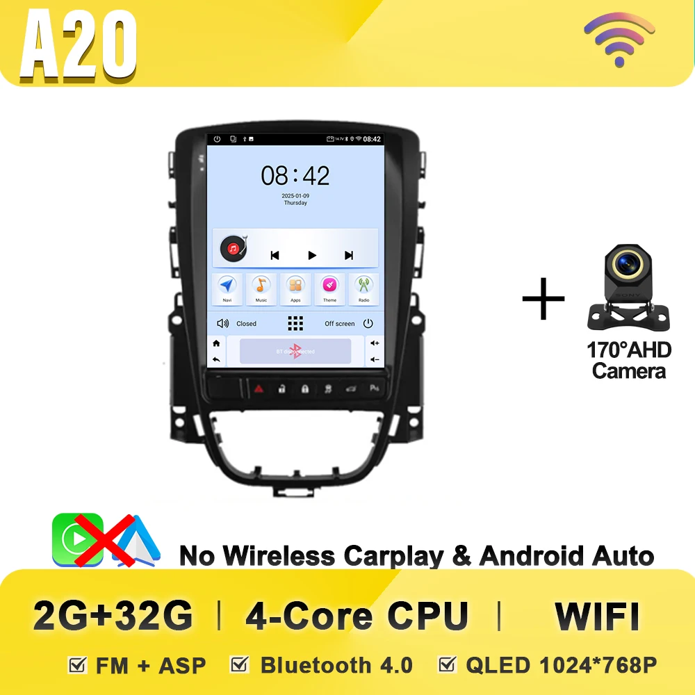 Inefala 2 64G Stereo voor Opel Astra J/Buick Excelle 2009-2015 Android 13 met Wireless CarPlay Android Auto 9,7 Inch Autoradio Ondersteuning Bluetooth WIFI 28UI GPS FM DSP SWC AHD Achteruitrijcamera