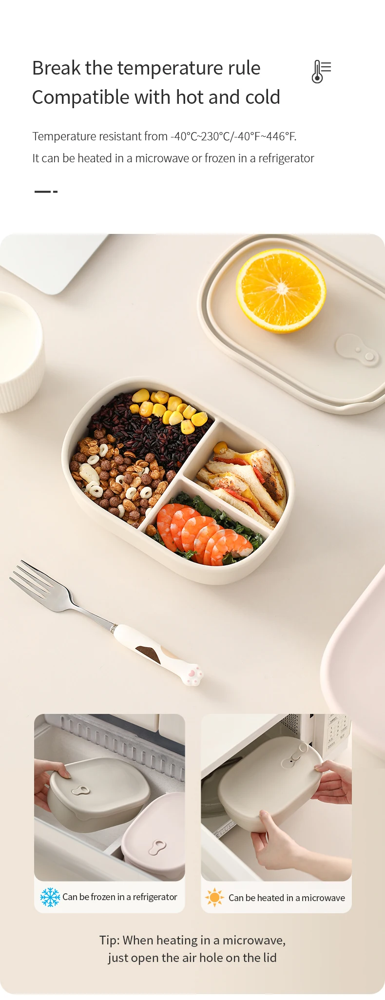 Description Picture 6 of item3-Grid 900ml Silicone Lunch Box With Lid Microwaveable Fruit Lunch Box Refrigerator Fresh-Keeping Box Picnic Outdoor Lunch Box