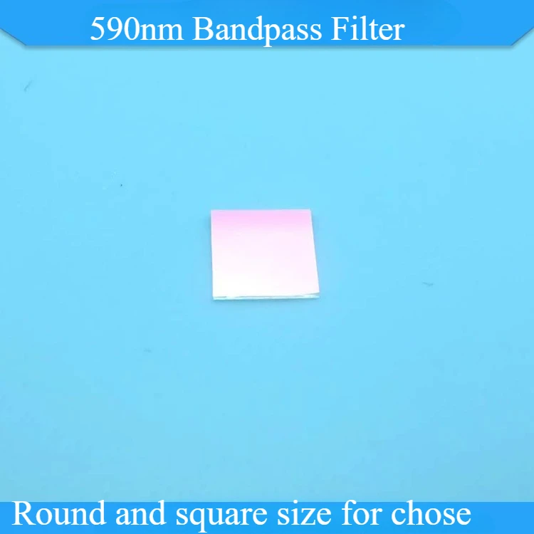 590nm 협대역 통과 필터 최대 투과율 약 90% FWHM30-40nm 원형 및 사각형 크기 선택 가능