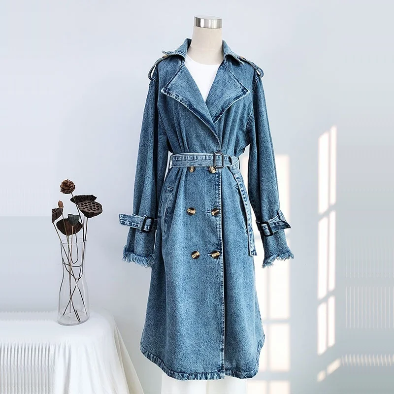 

Spring Fall Mid-length Denim Trench Coat With Belt Frayed Burrs Long Sleeve Loose Casual Women Blue Cowboy Windbreaker Overcoat