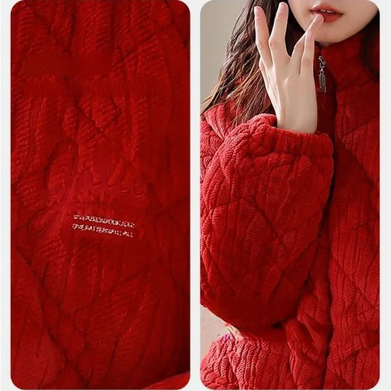Winter New Women Three-layer Padded Pajamas Female Thickened Warm Fleece Loungewear Coral Fleece Sleepwear Stand Neck Nightwear