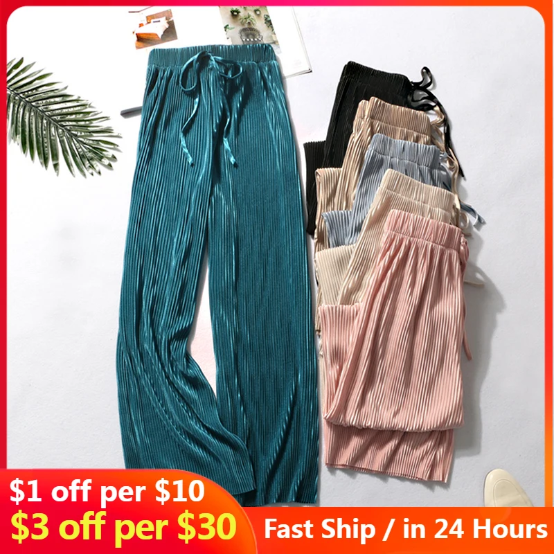 VAIQUELA Summer Wide Leg Pants For Women Casual Elastic High Waist 2021 New Fashion Loose Long Pants Pleated Pant Trousers Femme thin printed trousers straight wide leg pants 2021 fashion high waist loose ins tide autumn street style new casual pants women