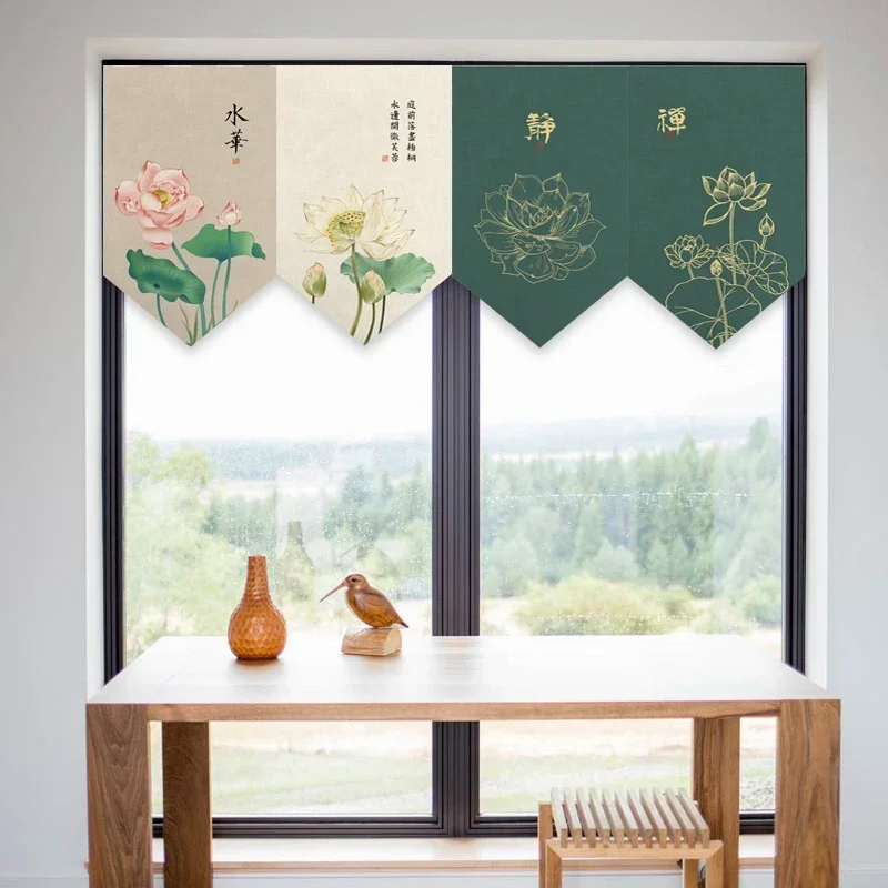 Chinese Style Lotus Zen Triangle Curtain Kitchen Bedroom Door Head Decorative Flag Curtain Bathroom Shade Curtain 5