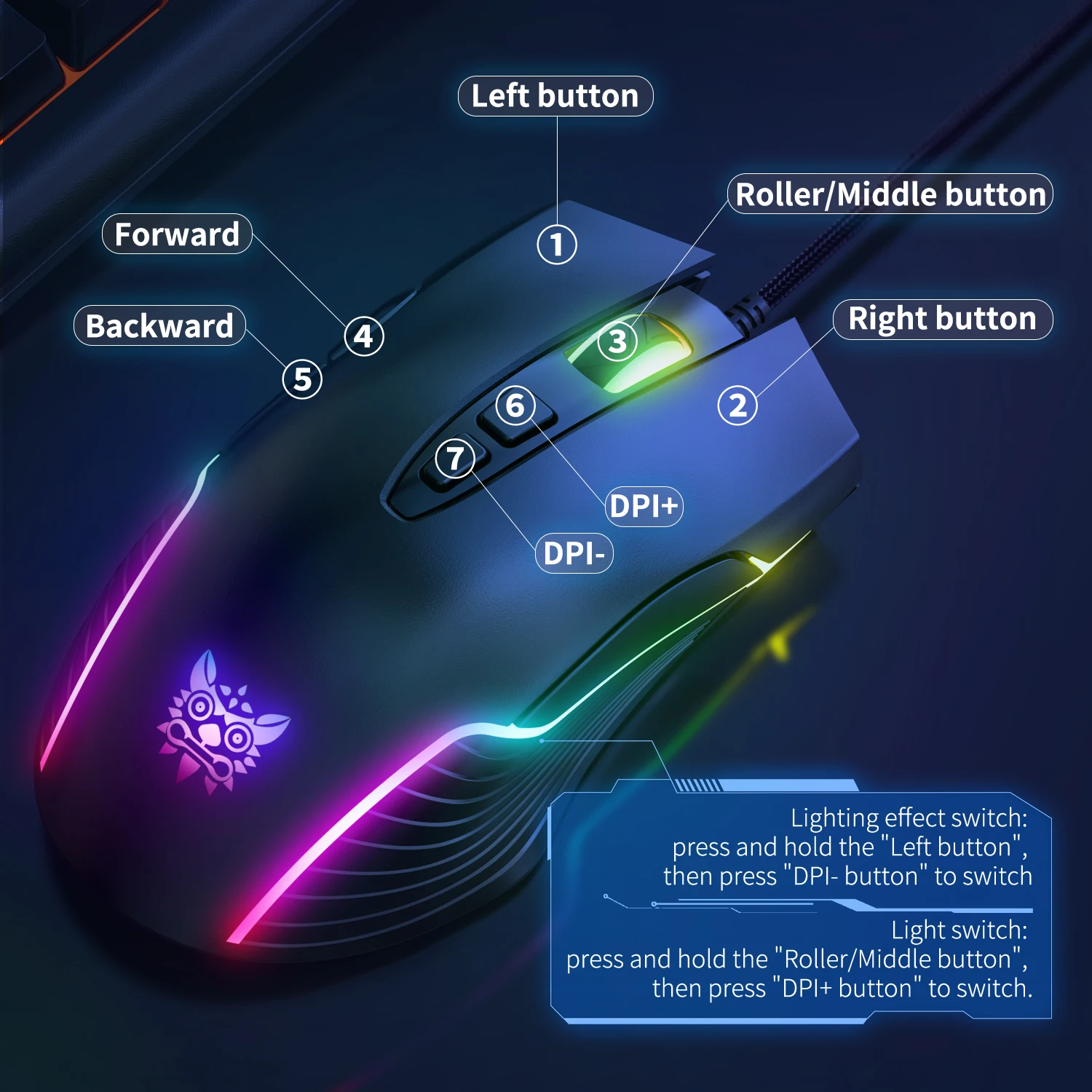 ONIKUMA Wired Gaming Mouse with RGB Light Adjustable 6400 DPI 7 Programmable Buttons Ergonomic Design Mice for PC Compute
