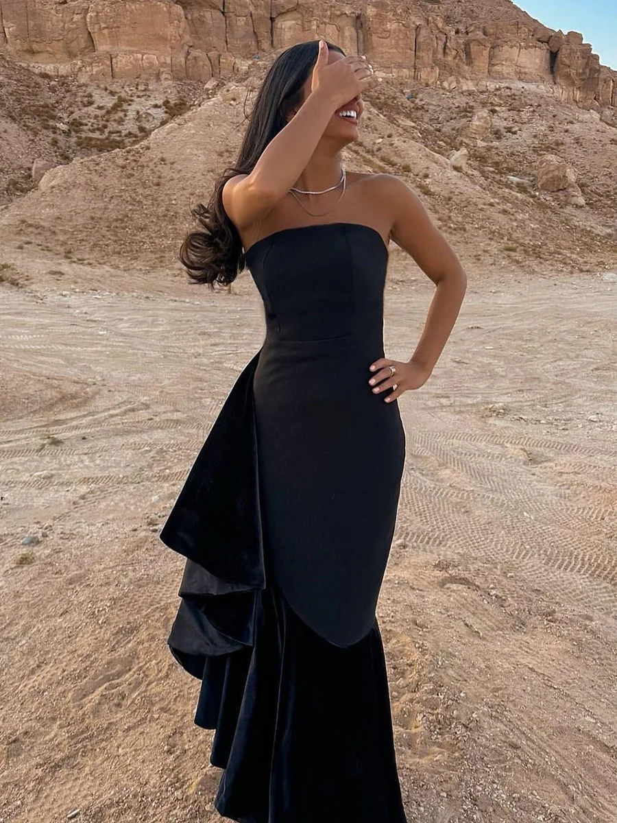 

Velour Strapless Formal Occasion Dresses 2023 Black Mermaid Sexy Ball Gowns High Quality Evening Party Gowns فساتين الحفلات