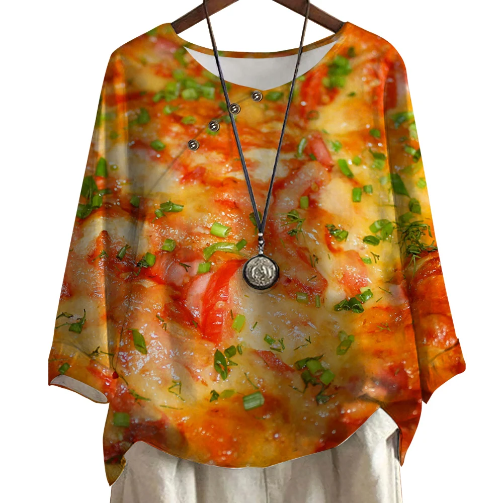 

Женские топы CLOOCL, уличная футболка, лето-весна, повседневные футболки с круглым вырезом и пуговицами, пуловер, модная блузка с длинным рукавом и принтом пиццы