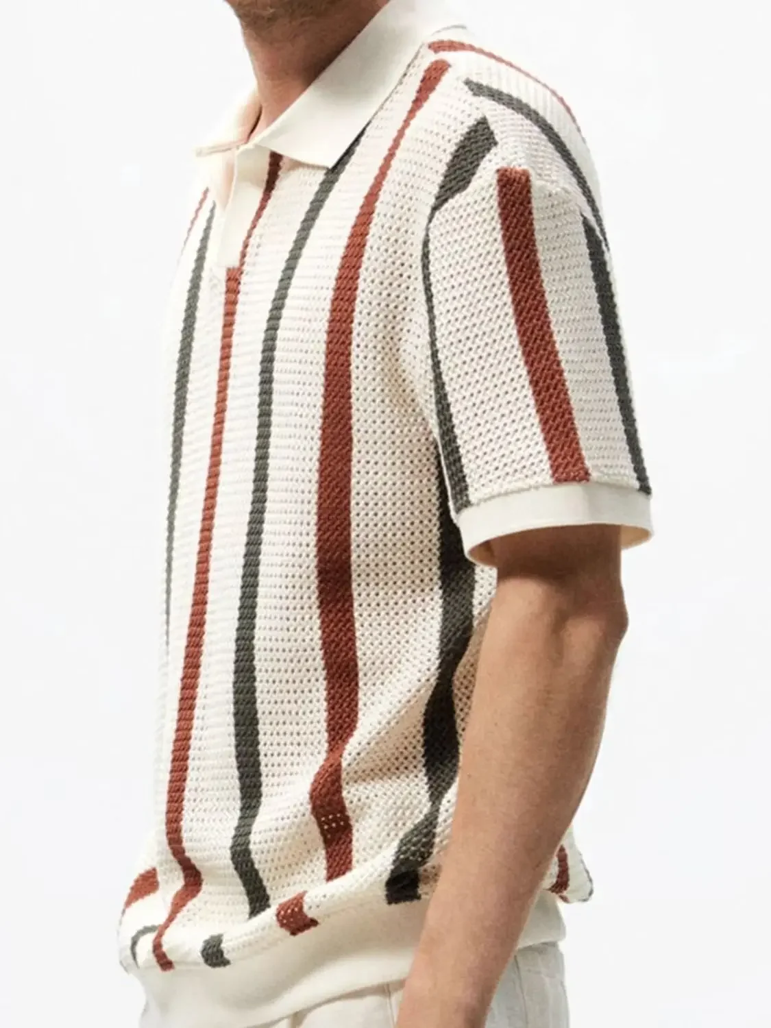 Summer Stripe Color Block Short Sleeve Knitted Casual Polo Shirt Men's Fashion Brand Personality Loose Fit Hollow out Design 11 S7427aa805d8c40ec9520a3ee933f0f6f9