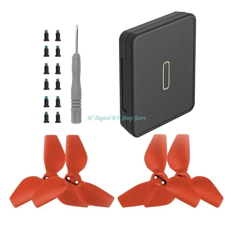 Hélices de drone rouges et oranges empilées dans une boîte de rangement pour accessoires drone.