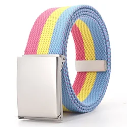 Multicolor Rainbow Stripes Adjustable Canvas Belt with Metal Buckle - 3.8cmX120cm (Pink yellow blue)