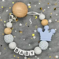 Attache-sucette avec nom personnalisé, chaîne en bois de hêtre faite à la main, support de couronne en Silicone, sucette, jouet de dentition pour bébé, cadeau à mâcher, nouvelle collection 6