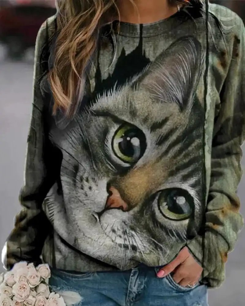 

Autumn high-quality women's round neck long sleeve 3D printed pet cat pattern fashion casual women's plus-size S-5XL