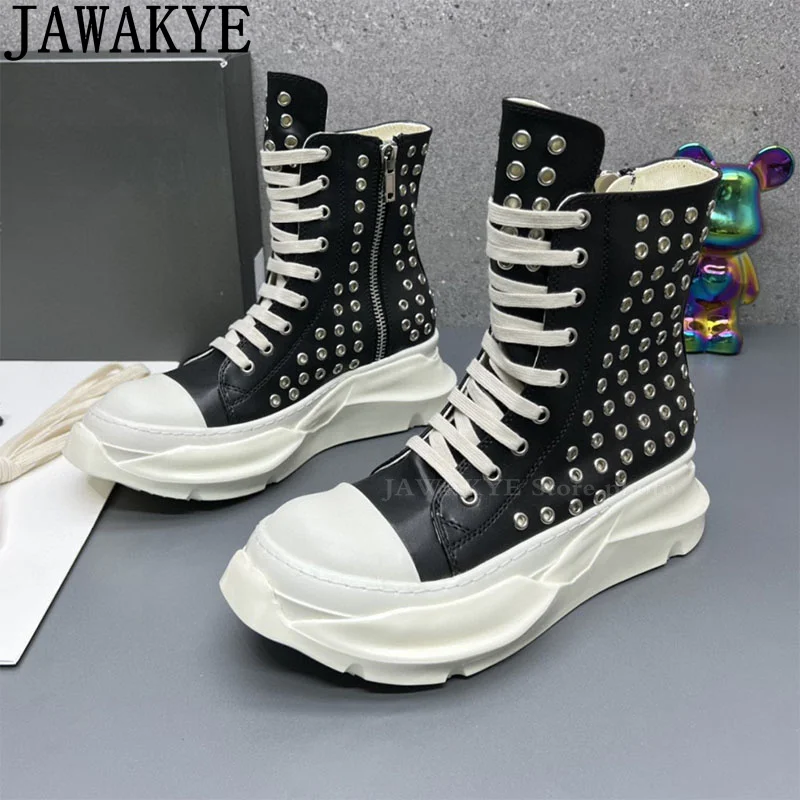 

Men's High-help Lace-up Sneakers Flat Shoes Round Toe Thick Sole Breathable Rivet Shoes Casual Fashion Runway Sports Shoes Man