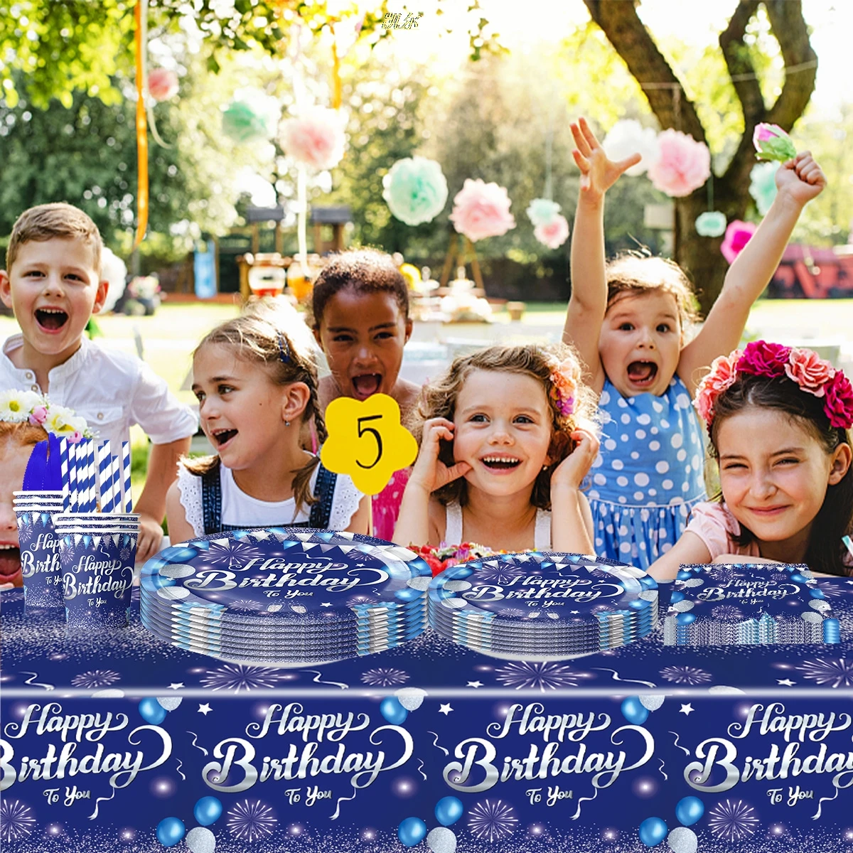Ink Blue Diamond Party Disposable Tableware Paper Plate Set Cups Towels For Birthday Party party disposable tableware