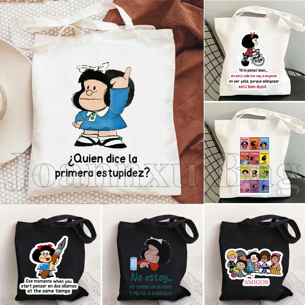 Funny Spanish Quotes Kawaii Cartoon Girl Mafalda Quino Comics Cute Mafalda Comics French Gifts Canvas Totes Bag Casual Handbags