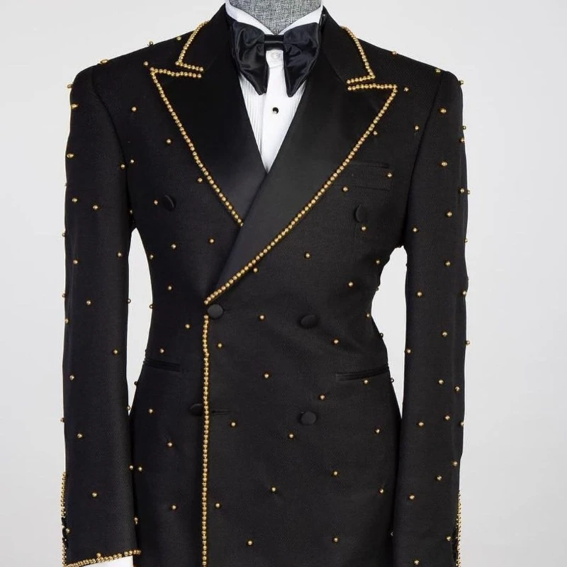 Beaded Luxury Blazer Pants 2 Pieces Men Suits One Button Peaked Lapel Sequins Formal Prom Diamonds Pearls Wedding Groom Tailored