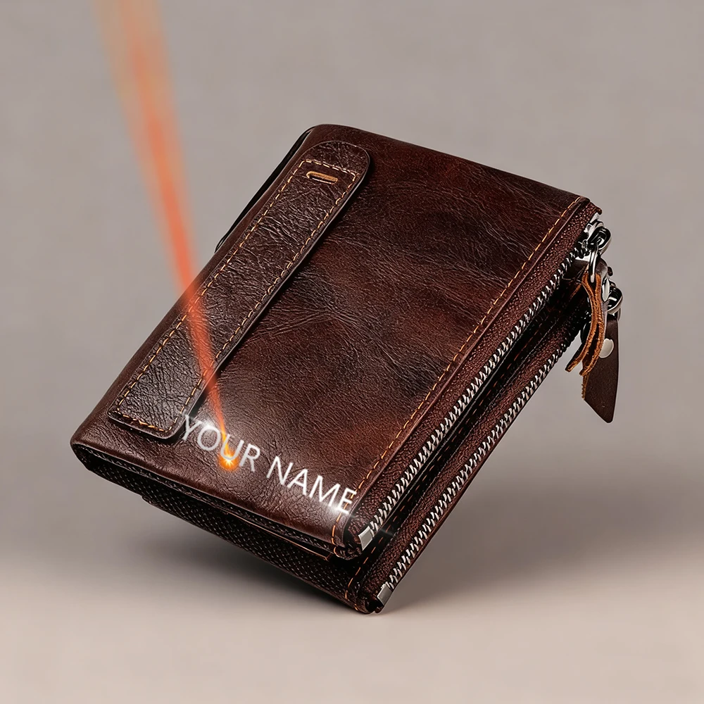 Genuine Leather RFID Card Holder & Coin Purse with Name Engraving - Short Style, Double Zipper, Unisex Design