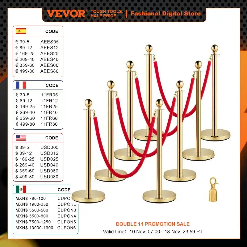 VEVOR 35.4 Inch Gold Crowd Control Stanchion Posts Queue Red Velvet Rope Line Barriers with Stable Base for Stadium Museum Party