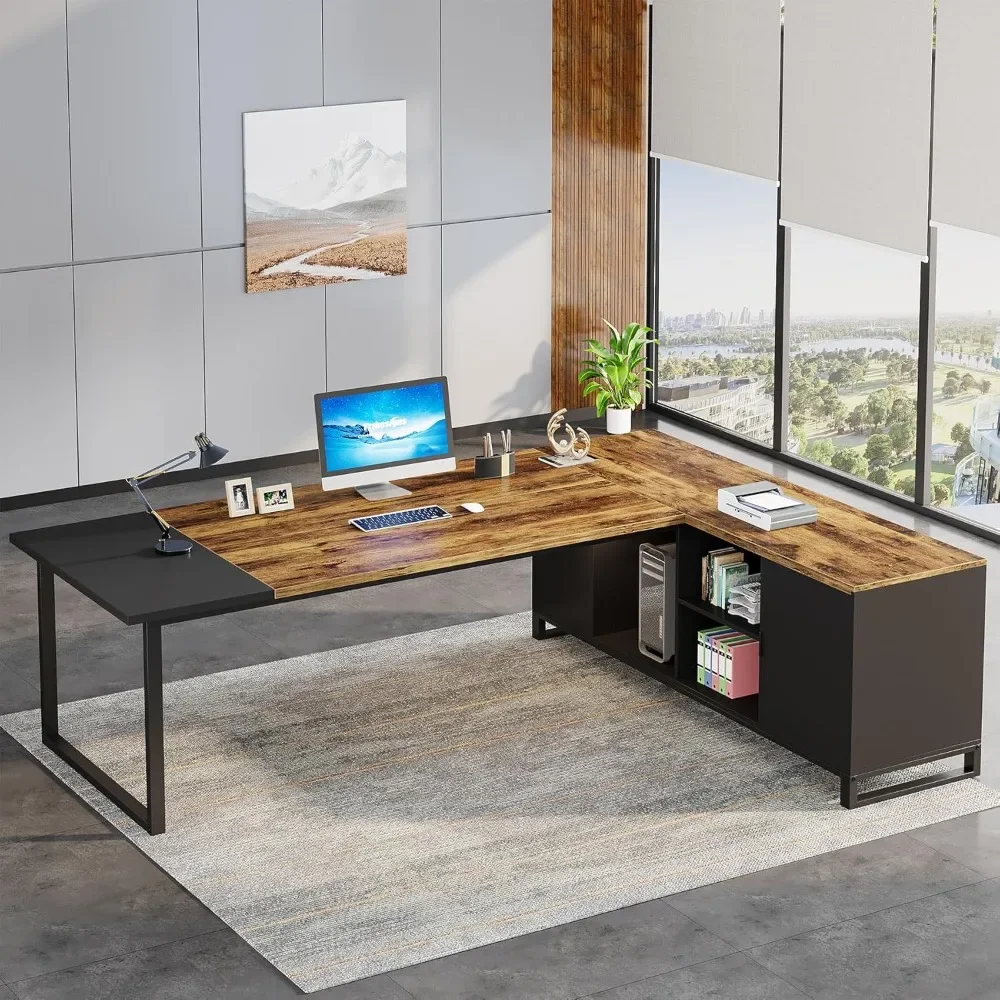 Executive Desk 70.8" 55" File , L Shaped Computer Desk Storage Shelves and Cabinet, Large L Shaped Executive Home Office