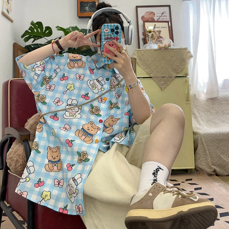 Homemade Rabbit Cherry Print Vintage Girl Cute Middle Ages Short Sleeve Loose Size Shirts