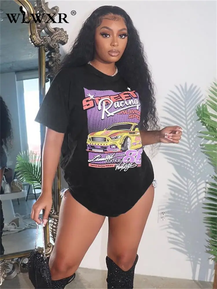 

WLWXR Black Catton Graphic T Shirts Summer Outfits For Women 2023 Streetwear Loose Tees Casual O Neck Short Sleele Tops Female