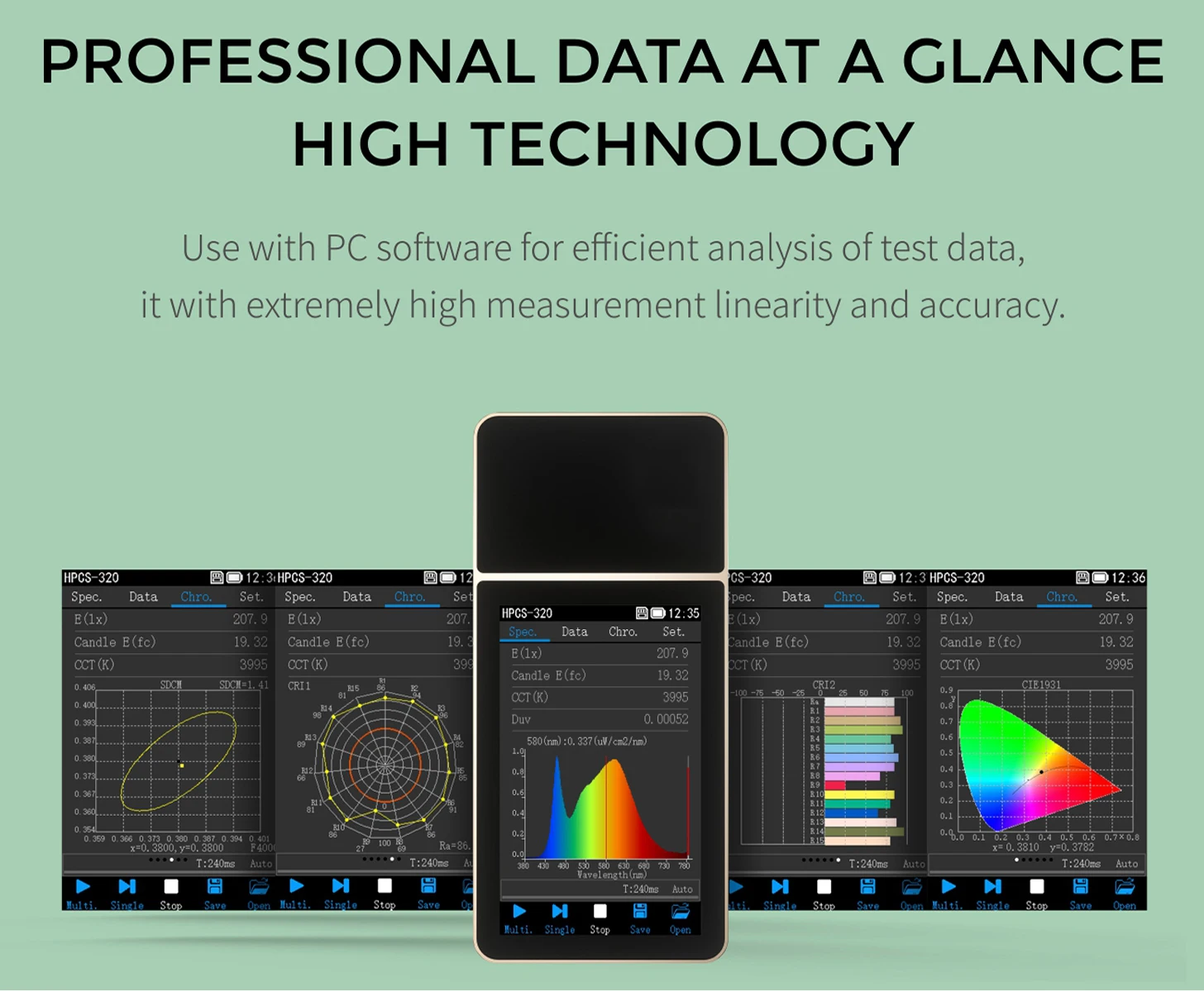 HPCS320 Portable Light Spectrometer CCT CRI Meter Lux Test