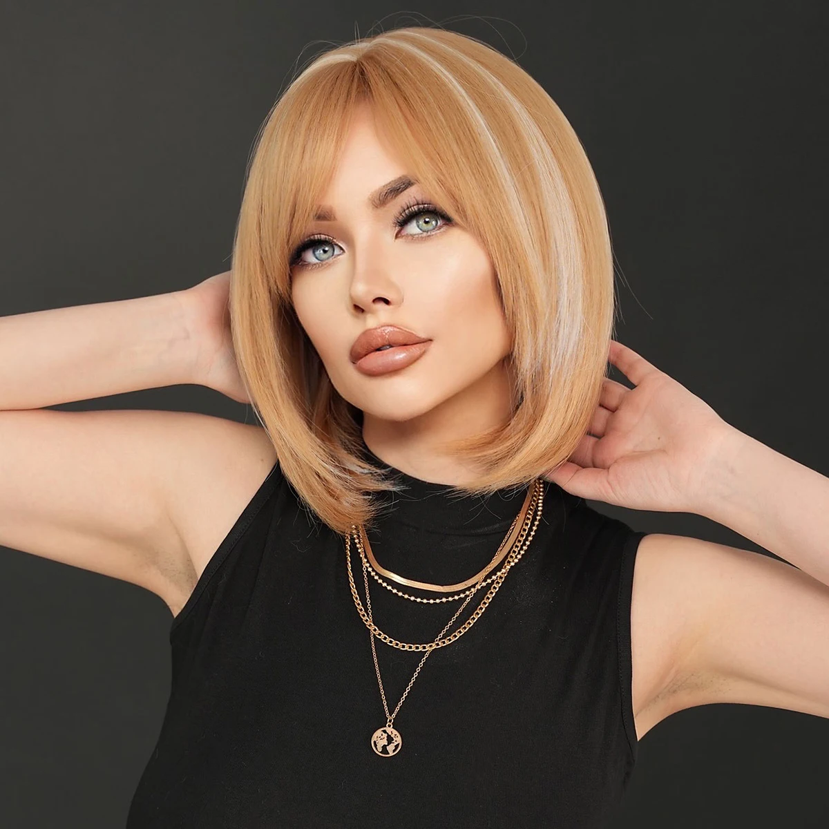 7JHH WIGS Shoulder Length Blonde Bob Wigs with Neat Bangs High Density Synthetic Highlight Beige Hair Wig for Women Daily Use
