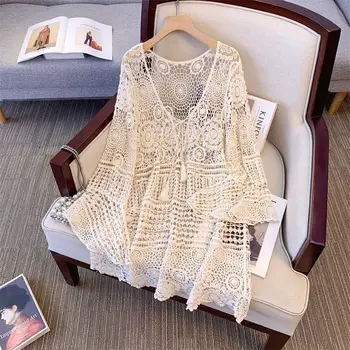 Women Clothing Mid Length Hollow Horn Sleeve with Lace Tie Cover-Ups Spring Summer Fashion Loose Crochet Knit Coats Lady Y2k Top 1