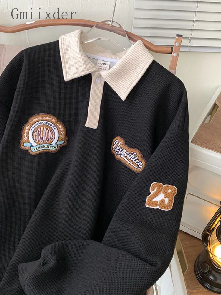 

Gmiixder Waffle Lapel Shirt Men's Spring Autumn Embroidered Patch Design T-shirt American Retro Heavyweight Long-sleeved Jacket