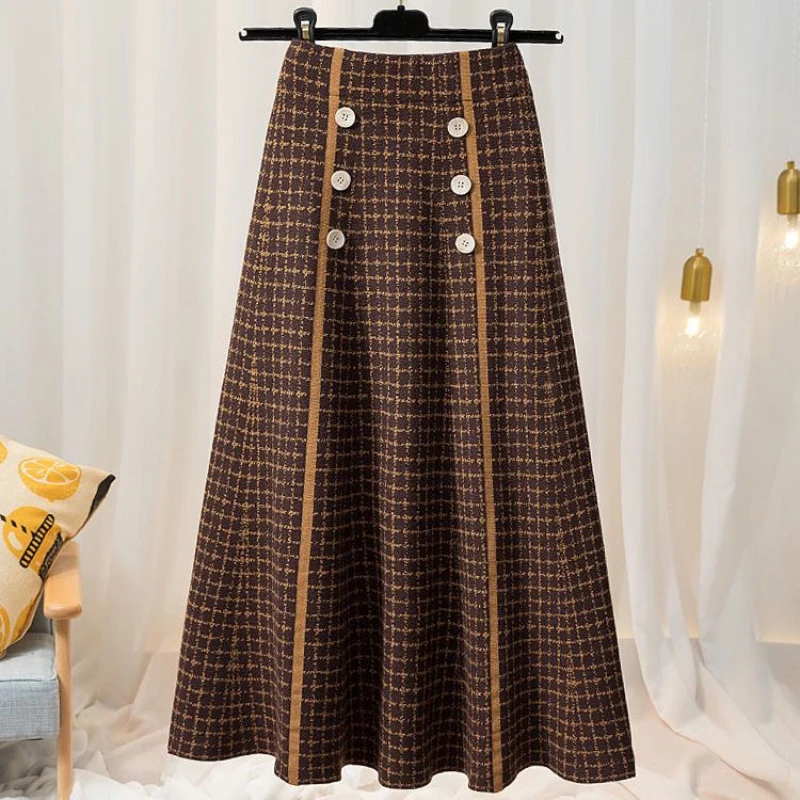 Autumn and Winter Women's Checkered Knitted Pleated High Waist A-Line Button Midi Fashion Vintage Elegant Office Lady Skirt