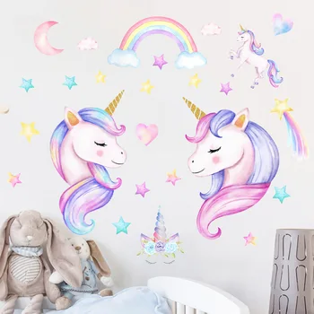 2pcs Cartoon Unicorn Rainbow Wall Stickers for Girls Room Living Room Bedroom Background Wall Decor Pony Wall Decal Nursary Room 2