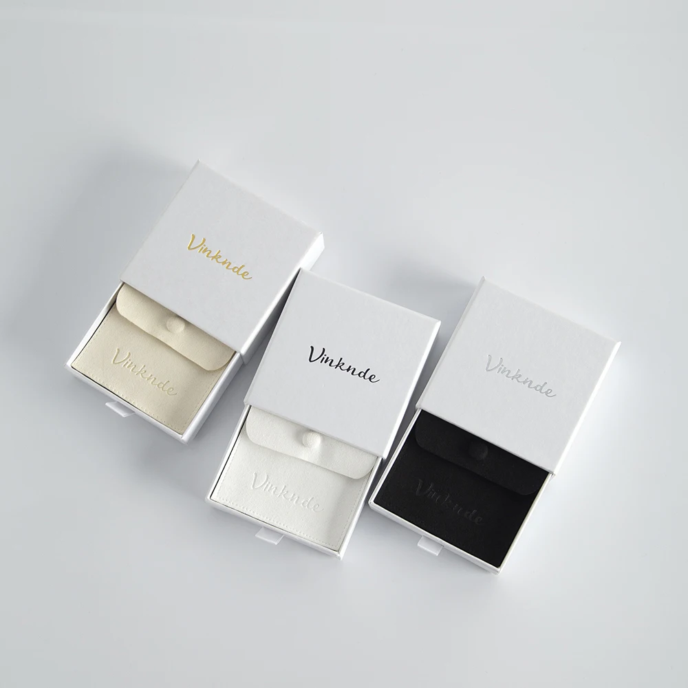 9x9x1.7cm White Drawer Jewelry Box Inside With 8x8cm Microfiber Button Gift Bag Can Personalized Logo for Wedding Christmas Set