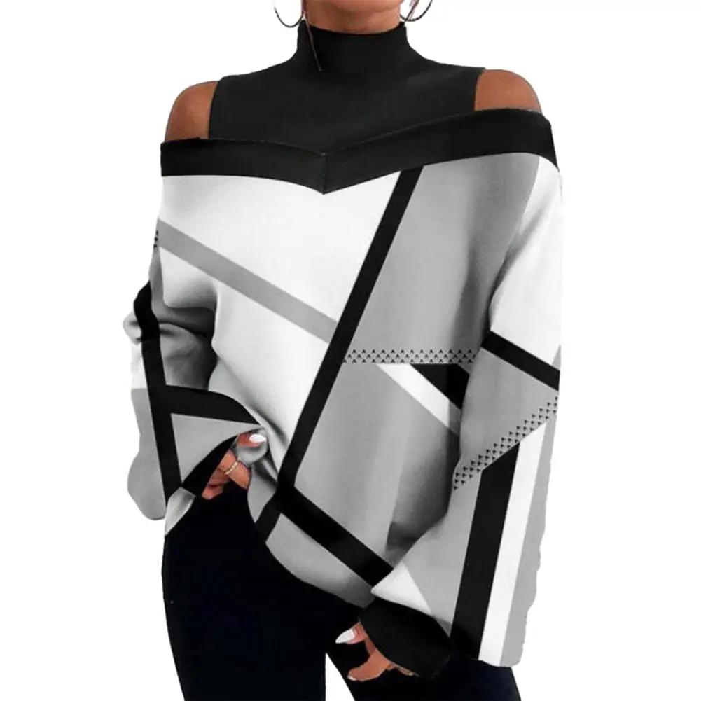 

Women's Loose Pullover Tshirt Spring Autumn Fashion Off Shoulder Long Sleeve Top with Lantern Sleeve Detailing