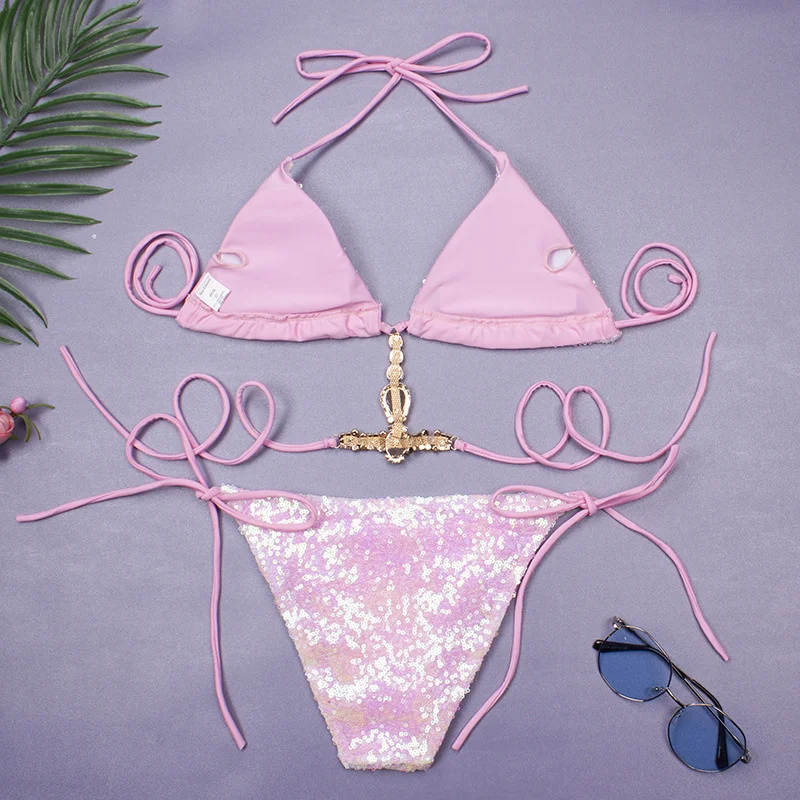 Rhinestone Bikini Swimsuit - Sexy Push-Up Swimwear for Women