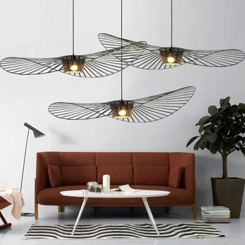 Vintage Hat Pendant Led Lamp Black Rattan Suspension Luminaire Kitchen Hanging Light Living Room Home Decor Ceiling Chandelier 3