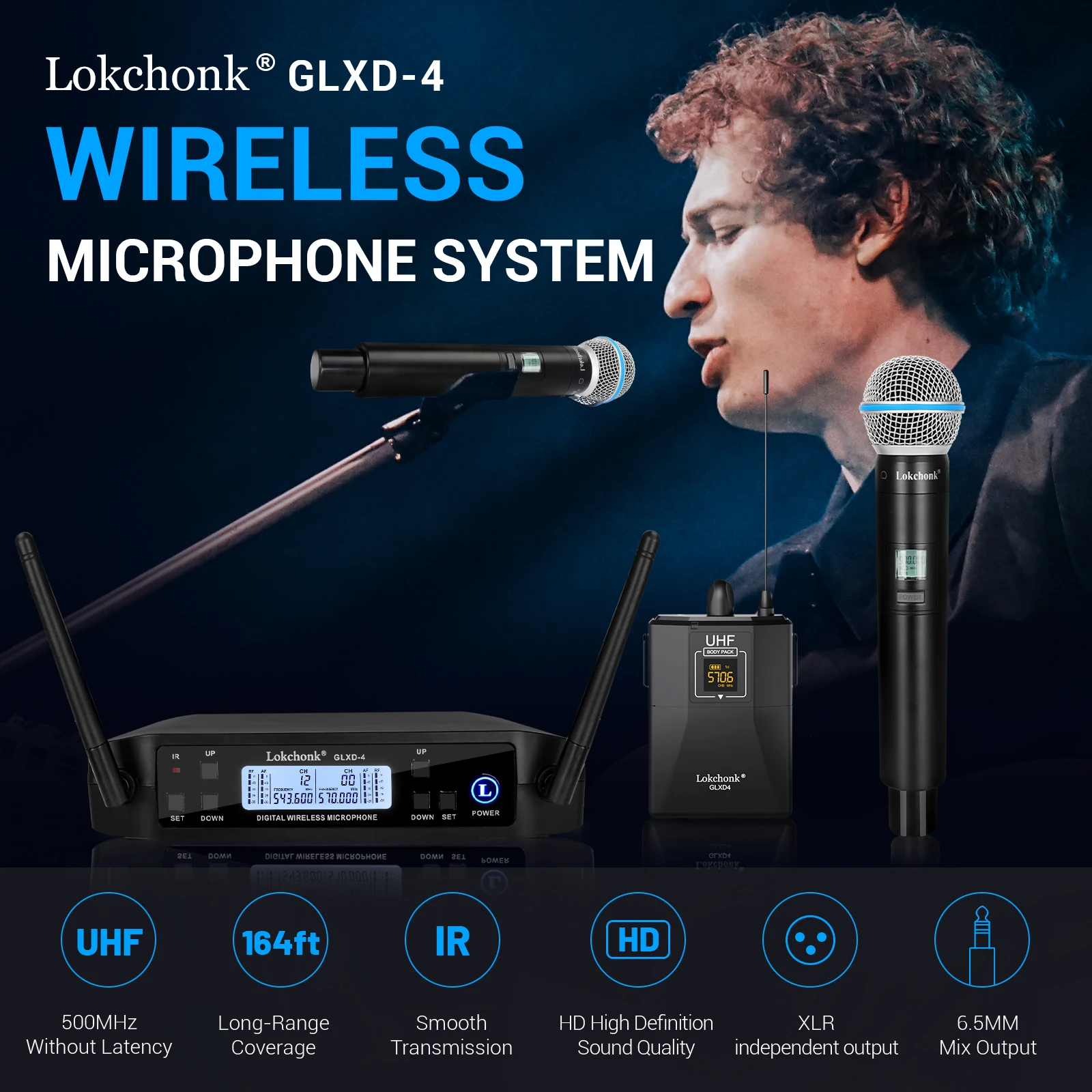 GLXD4 BETA58 전문 듀얼 무선 마이크, 가라오케 홈 시스템, 무대 공연, UHF 다이나믹 2 채널 핸드헬드