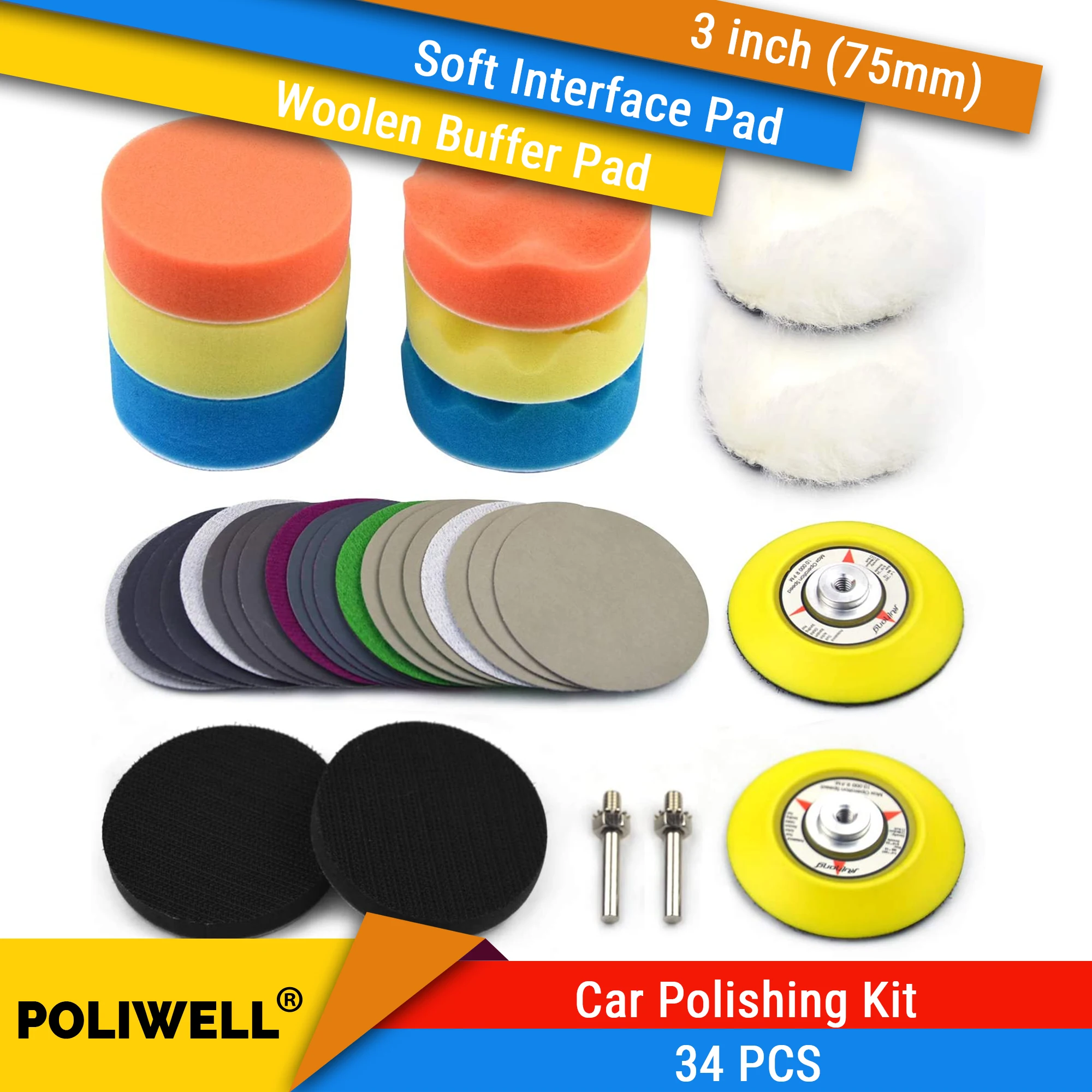 

3 Inch Car polishing Sanding Discs Buffing Sponge Pads Kit with 1/4 inch Shank Backing Pad Soft Interface Pad Woolen Buffer Pads