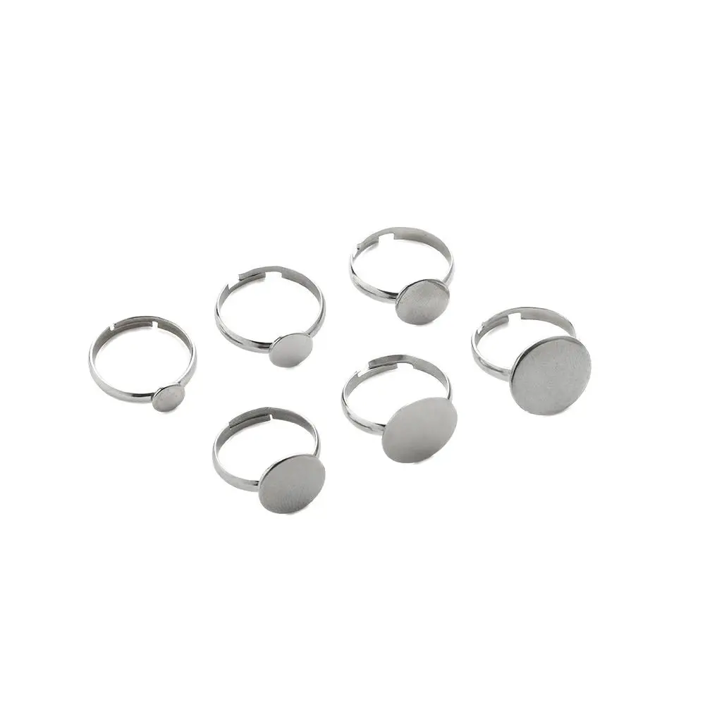 10Pcs Stainless Steel Adjustable Blank Ring Flat Round 12mm Base Setting Pad Trays For DIY Rings Jewelry Making Accessories